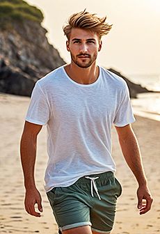 attraktiver Mann spaziert alleine am Strand